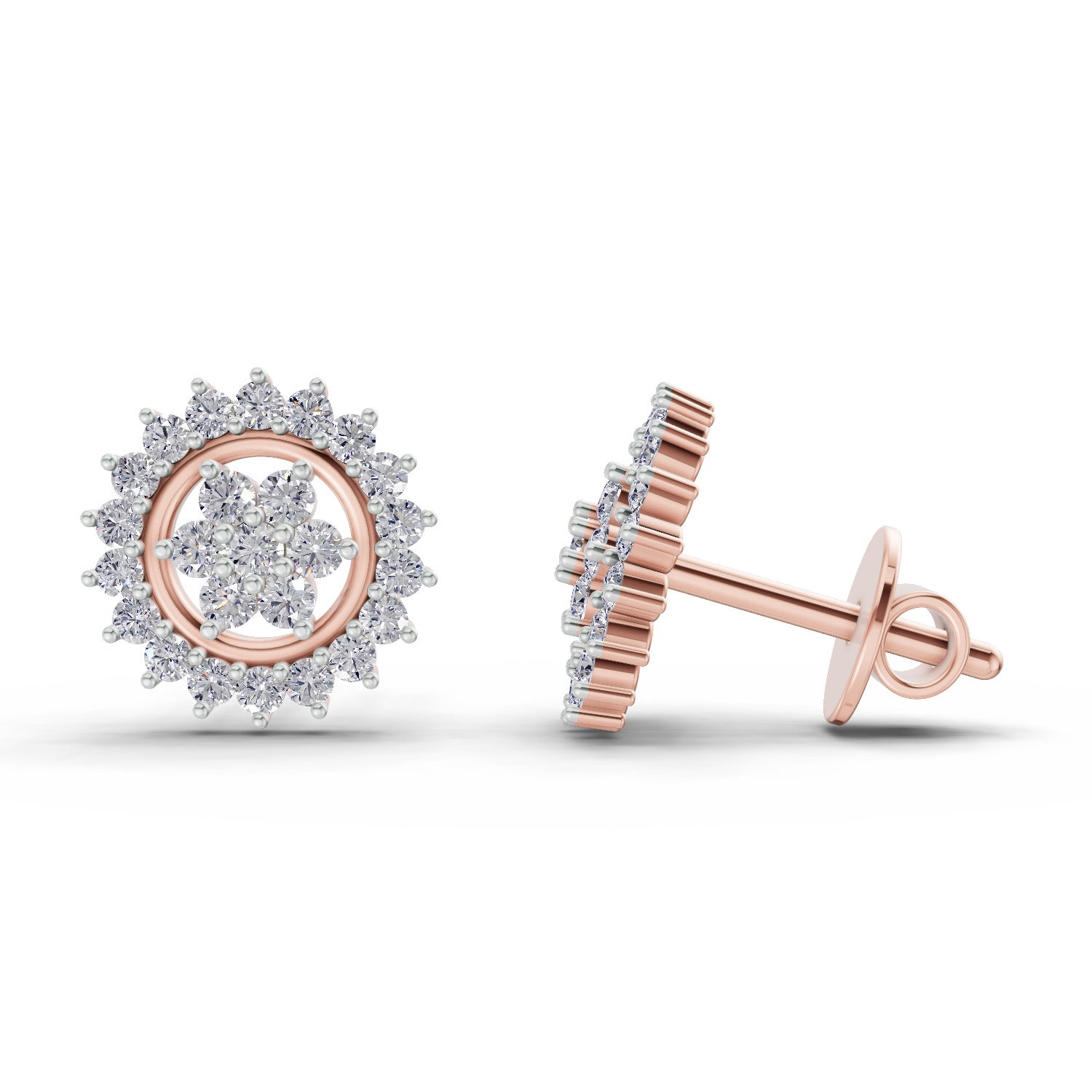 0.83 Ct  Round Shape Floral Cluster Diamond Stud Earrings | 14K Rose Gold