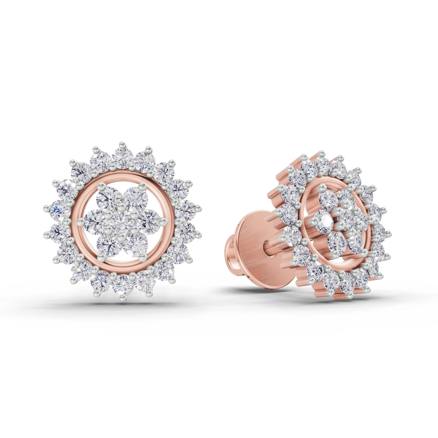 0.83 Ct  Round Shape Floral Cluster Diamond Stud Earrings | 14K Rose Gold