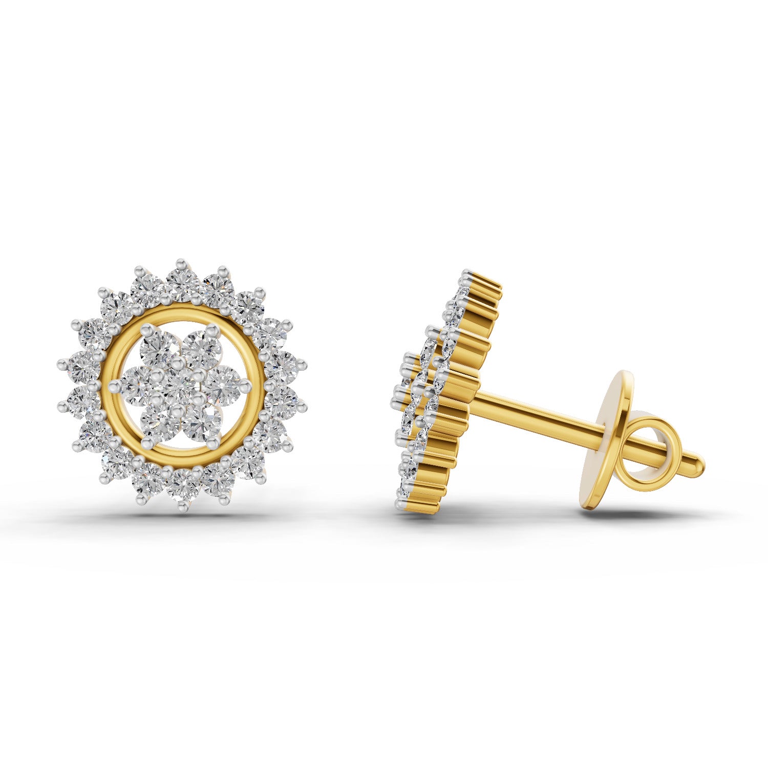 0.83 Ct  Round Shape Floral Cluster Diamond Stud Earrings | 14K Yellow Gold