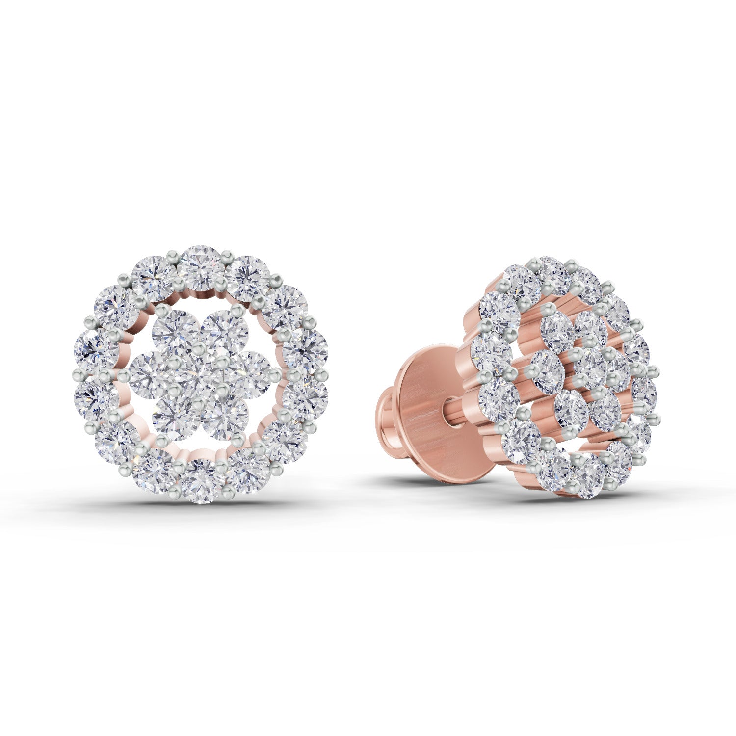 0.67 Ct  Round Shape Floral Cluster Diamond Stud Earrings | 14K Rose Gold