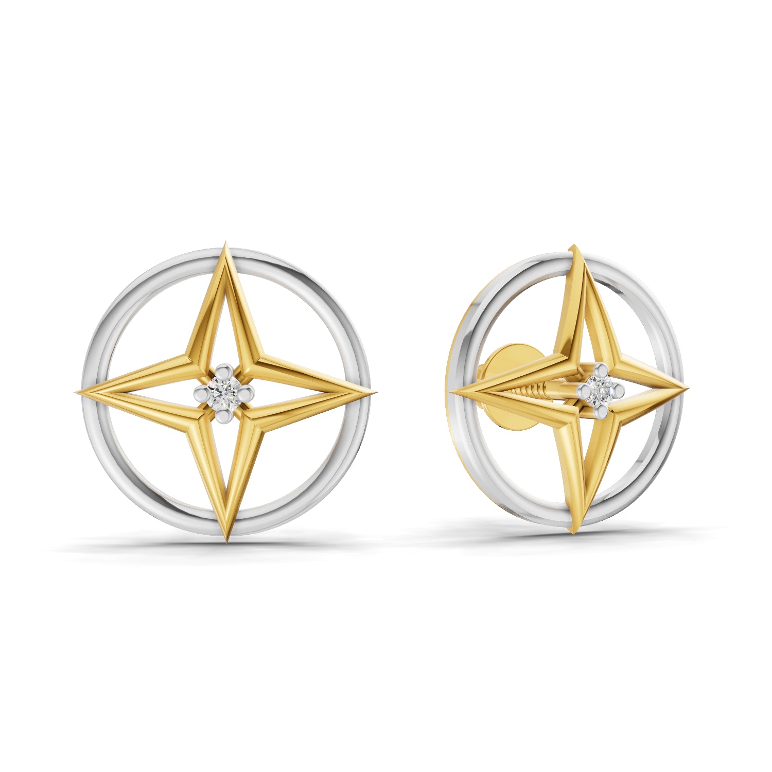 0.02 Carat  | 925 Sterling Silver Yellow Gold Plated Compass Rose Earrings