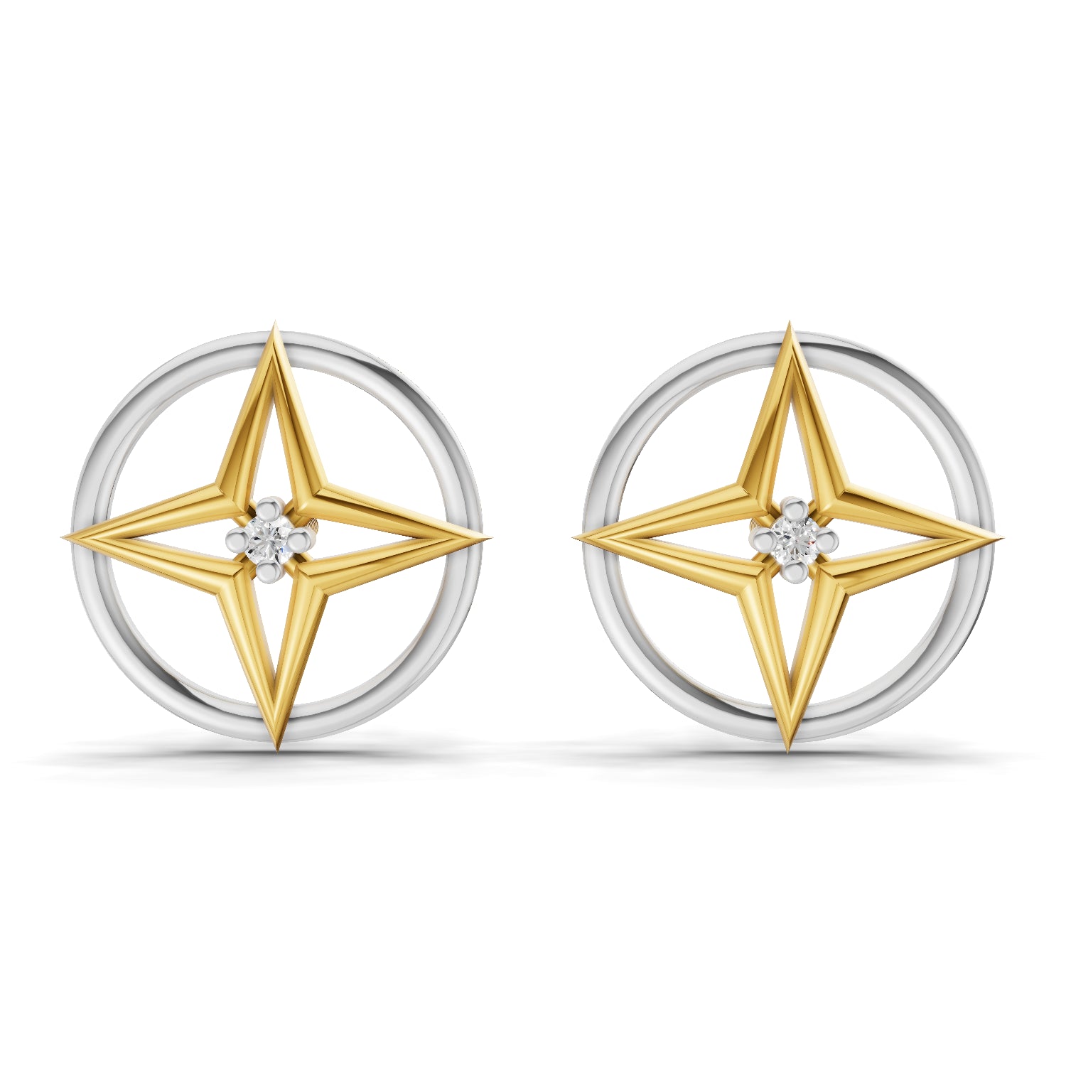 0.02 Carat  | 925 Sterling Silver Yellow Gold Plated Compass Rose Earrings