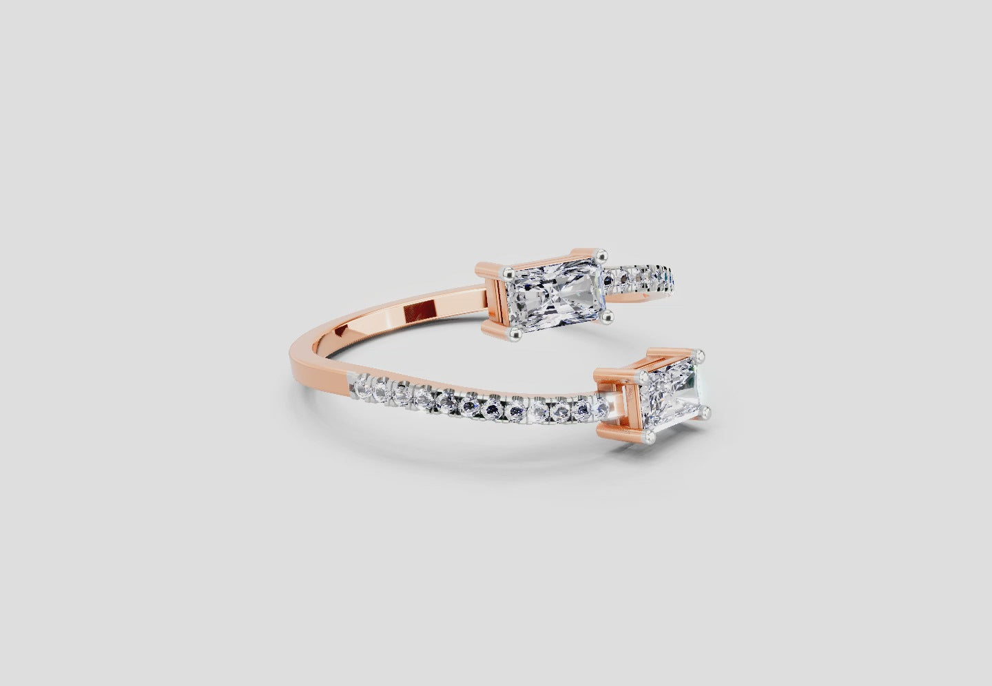 0.82 Ct Emerald Shape Diamond Toi et Moi Ring | 14K Rose Gold
