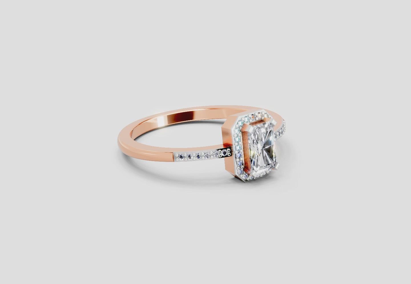 Load video: 0.7 Ct Emerald Cut Halo Ring | 14K Rose Gold