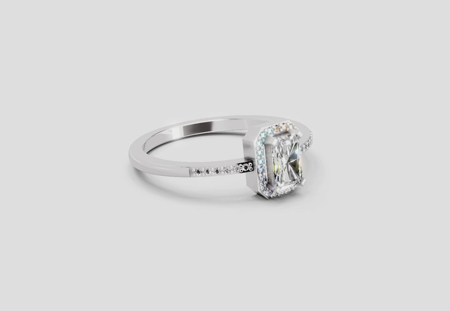 0.7 Ct Emerald Cut Halo Ring | 14K White Gold
