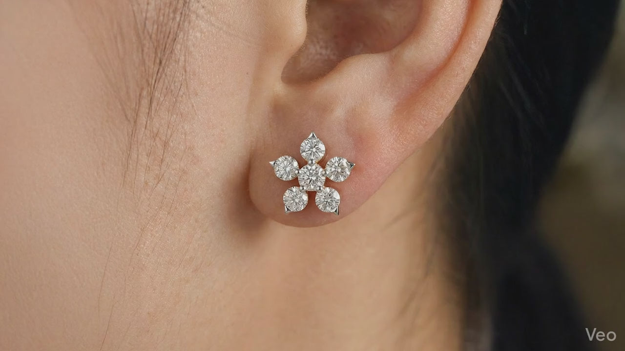 Load video: 0.44 Ct  Round Shape Diamond Floral Stud Earrings | 14K Rose Gold