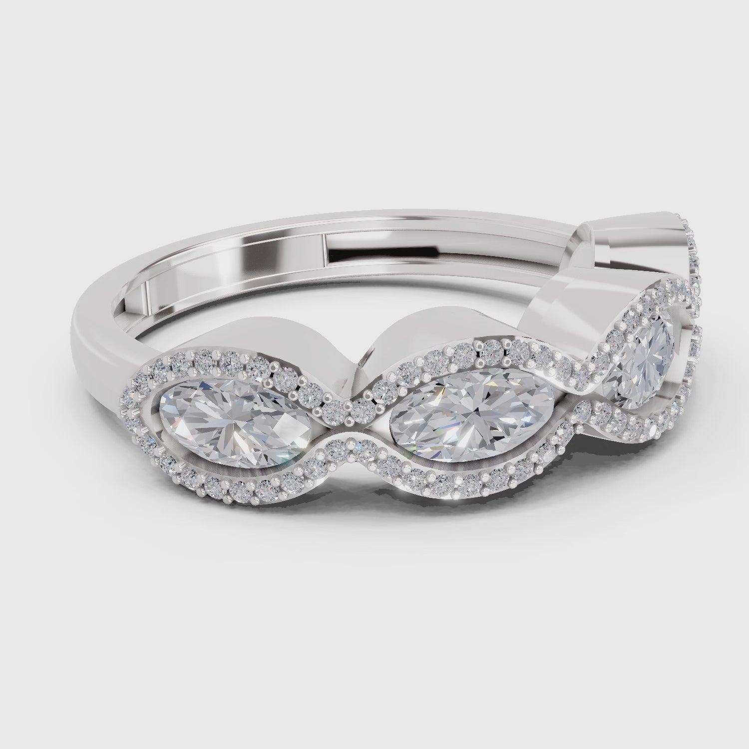 1.64 Carat Oval Shape Halo Wave Engagement Ring | 14K White Gold