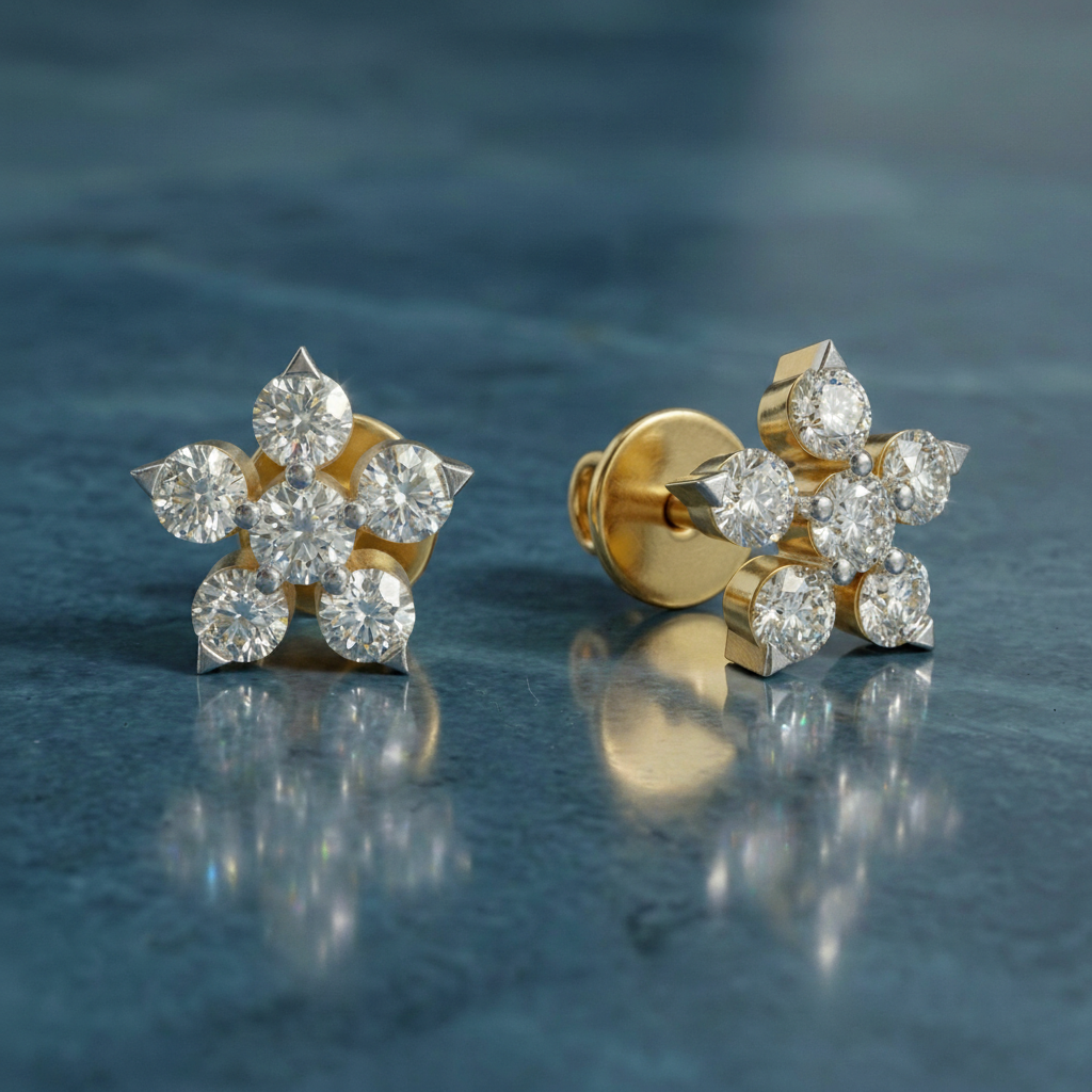 0.44 Ct  Round Shape Diamond Floral Stud Earrings | 14K Yellow Gold