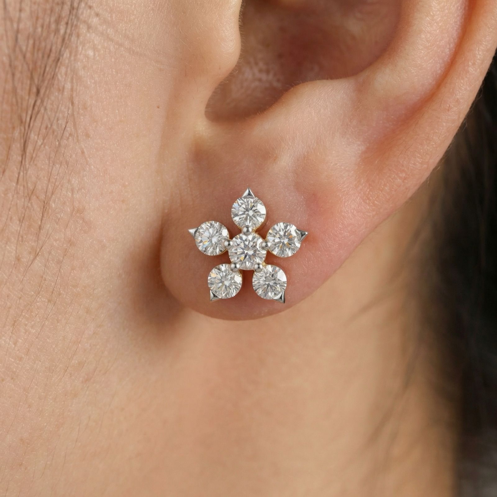 0.44 Ct  Round Shape Diamond Floral Stud Earrings | 14K Yellow Gold